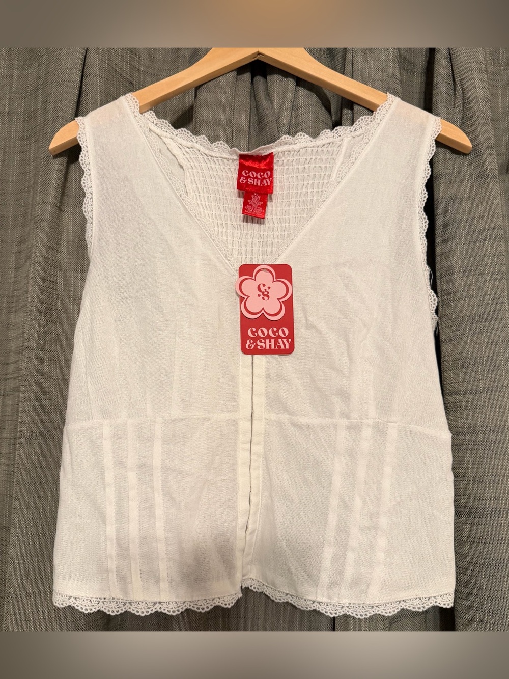 Coco & Shay White Smocked Lace Trim Linen-Blend Vest Top Size XL NWT